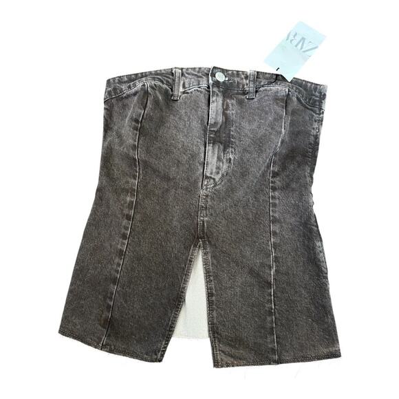 ZARA NWT Strapless Brown Denim Bustier Top Medium | Stretch Back Corset Shirt - Picture 1 of 4